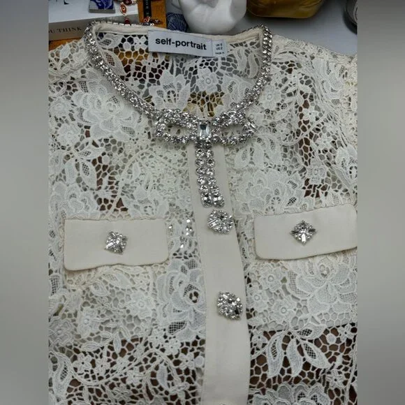 🆕 SELF-PORTRAIT 🧿 BNWOT Cream Lace Diamante Bow Midi Dress, Sz US 2 / UK 6 - Picture 11 of 16